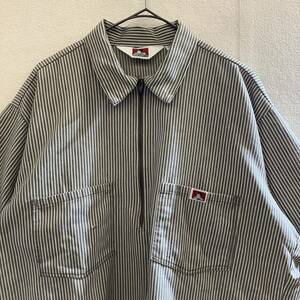 BEN DAVIS 80s ベンデイビス ハーフジップシャツ ヒッコリー 半袖 USA製 ビンテージ 古着 size M グレー 79635