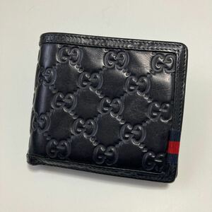 ★GUCCI グッチ シマ 二つ折り 財布 メンズ レザー ネイビー【鑑定済み 本物保証】