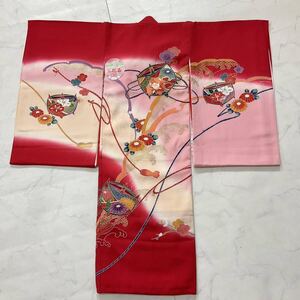 kimono+one◆未使用同然◆産着お宮参り◆正絹友禅金駒刺繍◆襦袢付き◆七五三◆３歳用◆女の子着物◆七五三お詣り着物お正月卒業式Y36