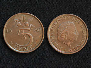 【オランダ】 5セント 1980年 ユリアナ女王最終年 銅貨　cent