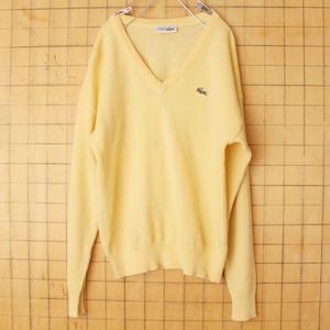 70s 80s フランス製 フレンチ ラコステ LACOSTE ウール ニット セーター Vネック イエロー メンズM相当 ヨーロッパ古着