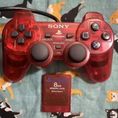 PS2 コントローラー クリアレッド + 8MBメモリーカード