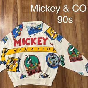 90s Mickey & co ミッキーアンドコー ディズニー ミッキーマウス 総柄 sweat スウェット トレーナー ヴィンテージ サイズL相当 玉mc2661