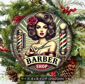 新作☆理容・barber 丸型　ブリキ看板　サイン　a