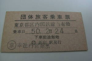 団体旅客乗車票　乗車日 昭和50年2月24日　京 本社内営業所発行　国鉄