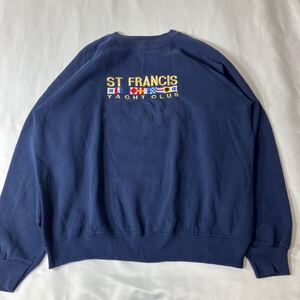 USA製 90s ヴィンテージ ヘインズ スウェット トレーナー アメカジ ヨットクラブ 刺繍 万国旗 ネイビー紺 ラグランスリーブ やや薄手 XL