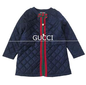 極美品 GUCCI グッチ キッズ 36M シェリーライン リボン 中綿 キルティング パデッドコート ノーカラーコート ブルゾン 紺 ネイビー