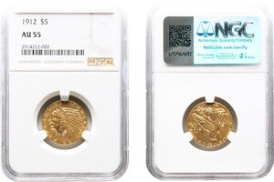 アメリカ　5ドル金貨　1912年　美品～極美品　インディアン　NGC(AU55)