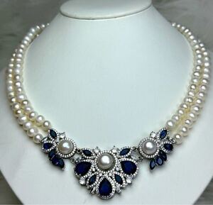 タンザナイト×本真珠ネックレス8-10mm Pearl necklace jewelry 豪華絢爛