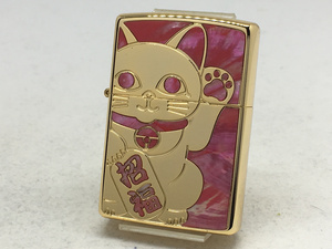 送料無料 ZIPPO[ジッポー]両面加工 シェル ラッキーキャット イエローゴールド