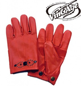 送料0 Vin＆Age レザーグローブ ショート LEATHER GLOVE VG12A-2 red/XL バイカー オールドスクール 70