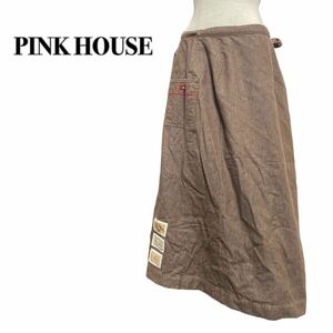 PINK HOUSE ピンクハウス 刺繍ワッペン マキシ丈 スカート ブラウン茶色 F チェック