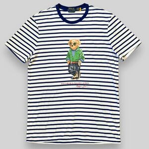 【美品】 ポロラルフローレン Polo Ralph Lauren ポロベア ボーダー Tシャツ L 白 青 ポロベアー リンガー ボーダー柄 総柄 熊 サングラス