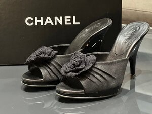 ★ 美品 CHANEL シャネル カメリア コサージュ ミュール ピンヒール ブラック サイズ34 箱付き サンダル