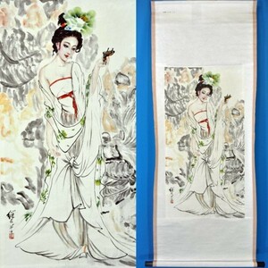 22989f 中国 劉繼鹵「婦人画 美人画」 掛軸 工芸 彩色 女性画 人物画 天津人 近代中国画家