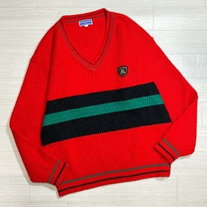 FRED PERRY/フレッドペリー/80s/パネルボーダー/エンブレム型ワッペン/チルデンニットセーター/Vネック/Lサイズ/ゆったりシルエット