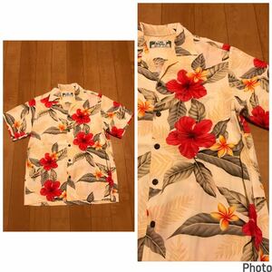 良品☆HAWAII製／TWO PALMS・トゥーパームス 日本メンズM-L並　半袖希少.レーヨンアロハシャツ 花&葉っぱ総柄 開襟オープンカラー USA米国