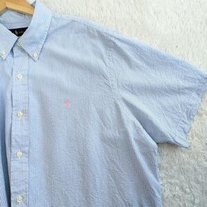 美品/XL/ラルフローレン 半袖シャツ シアサッカー ストライプ ブルー ホワイト ピンク RALPH LAUREN メンズ ポニー 刺繍 コットン100% 綿