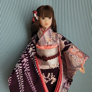 ◆momoko ちゃんの正絹お着物、紫色に水仙、handmade 、綺麗◆