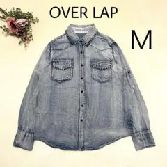 OVER LAP デニムシャツ　ブルー　レディース　スタッズ　ロック系　色褪加工