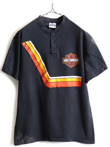 80s USA製 ■ ハーレー ダビッドソン ヘンリーネック 両面 プリント 半袖 Tシャツ ( メンズ L ) 古着 ビンテージ HARLEY DAVIDSON 企業 黒