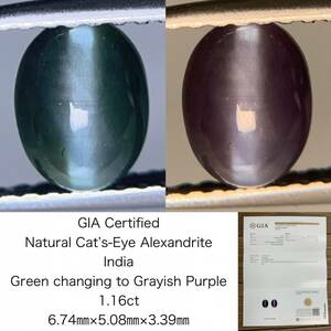 アレキサンドライトキャッツアイ 1.16ct GIA宝石鑑別書付き India Green changing to Grayish Purple 6.74×5.08×3.39 1685Y