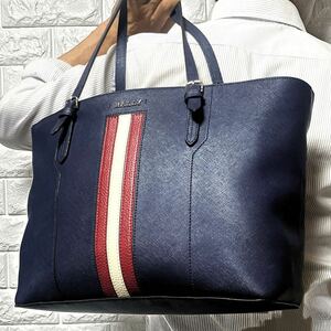 近年モデル/希少色◎ バリー BALLY メンズ A4収納 トートバッグ スープラ 肩掛け トレスポ サフィアーノレザー 本革 ダークネイビー 紺