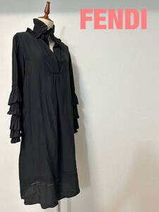 A0076★12 高級 美品 近年モデル FENDI フェンディ フリル ロング ワンピース ドレス 黒 40size シルク JPタグ