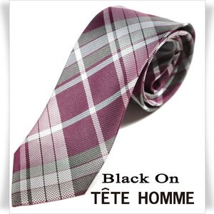 新品1円～★Black On TETE HOMME テットオム シルク絹100% ネクタイ 織柄 チェック ボルドー 正規店本物◆5522◆