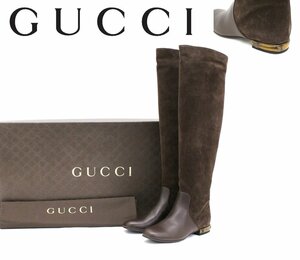 29万新品◆35H=22.5cm程度◆GUCCI グッチ バンブー2cmローヒール スエード×ソフトナッパレザーロングブーツ 1円