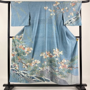 訪問着 身丈154cm 裄丈64.5cm M 袷 落款 松 桜 金彩 水色 正絹 名品 【中古】