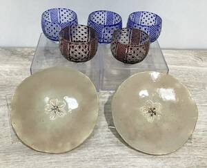 蘇さ(MtY1673)　和食器　江戸切子　ぐいみ　ブルーレッド　5客セット　小皿　桜　2枚　中古品　60サイズ