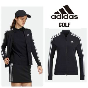 Lサイズ　新品定価12000円/アディダス　ゴルフ/adidas golf/レディース/秋冬/スリーストライプス 長袖フルジップジャケット/ジャージ/黒/BK