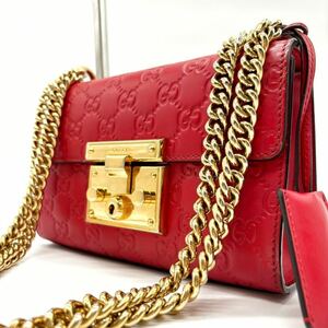 【極美品】GUCCI グッチ ショルダーバッグ パドロック チェーン ゴールド金具 マイクロ シマレザー GG柄 レッド 鍵 カバー 冠婚葬祭