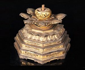 仏教美術 江戸時代 木彫 彫刻 金箔 大型蓮華座 六角台座 仏像 32cm[611301qu]