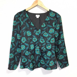 F7214dL J Crew ジェイクルー サイズ0 (S位) Vネック 花柄ブラウス カットソー ブラック×グリーン 総柄 レトロ カワイイ レディース 