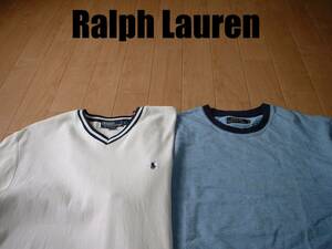 即戦力2着セットPOLO Ralph LaurenワンポイントリンガーTシャツL正規ポロバイラルフローレン白ホワイトx紺&サックスブルーxネイビー
