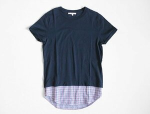 ● 送料無料 CARVEN ◆レイヤード Tシャツ ネイビー Sサイズ 裾チェック ドッキング 半袖 カットソー ユニセックス カルヴェン ◆WX5