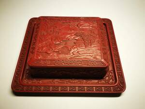 中国美術　時代　堆朱　山水図　風景人物　文箱　文房具　書道具