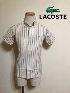 【良品】 LACOSTE ラコステ ボタンダウン ストライプ シャツ 銀ワニ サイズ2 半袖 皺加工 ファブリカ製 トップス