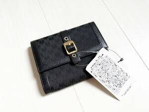 新品 Max Mara マックスマーラ 財布 レザー キャンバスコットン 三つ折り ロゴ 総柄 ベルト カデナ 黒 ブラック レディース △8