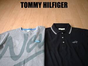 即戦力2着セットTOMMY HILFIGERクルーネックTシャツ&淵ラインポロシャツ美品Lグレー&黒ブラック正規トミーヒルフィガーNEWYORKニューヨーク