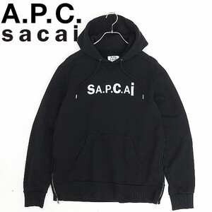 ◆sacai サカイ×A.P.C. アーペーセー SA.P.C.AI ロゴプリント サイドジップ コットン スウェット パーカー 黒 ブラック M