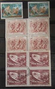 B102,1970年代ごろ、フランス大型美術切手30枚一括で、全部使用済み、田型2組、ドガの踊子など、重複あり