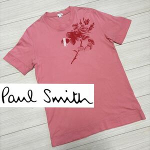 レア■PaulSmith ポールスミス■花柄 薔薇デザイン 幅広リブ Tシャツ M ピンク 赤 クルーネック 半袖 カットソー