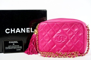 【超美品】CHANEL シャネル チェーンショルダーバッグ フリンジ ラムスキン ピンク系【NV4】