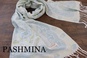 新品 春色【パシュミナ Pashmina】孔雀柄 ホワイト系グリーン WHITE GREEN 大判 ストール カシミア100% Cashmere 訳あり