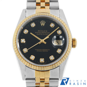 ロレックス デイトジャスト 10Pダイヤ 16233G ブラック W番 中古 メンズ 腕時計　