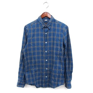 トゥモローランド TOMORROWLAND BLUE WORK シャツ カジュアル ステンカラー コットン 綿 チェック ラウンドヘム 長袖 S 青 ブルー