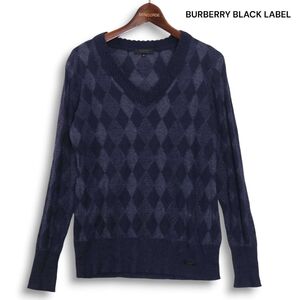 BURBERRY BLACK LABEL バーバリー ブラックレーベル 秋冬★ Vネック ダイヤ柄 ニット セーター Sz.38 レディース　K4T01644_A#K